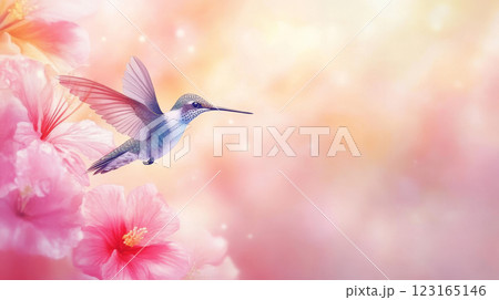 Watercolor illustration of colorful hummingbird amid pink hibiscus flowers. Concept of nature, exotic wildlife, vibrant flora, artistic beauty, birds. Copy space 123165146