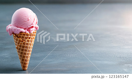 Delicious pink ice cream cone in classic waffle cone on gray background. Concept of summer treats, dessert indulgence, sweet cravings, minimalist food. Copy space 123165147