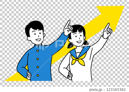 Male and female students pointing at an upward arrow and into the distance 123165362