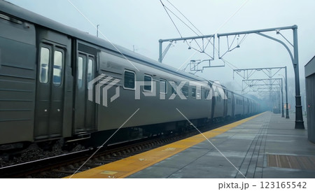 Train Departing an Empty Platform on a Foggy Day Concept of Travel Solitude Urban Transportation Railway Journey Modern Commuting 123165542