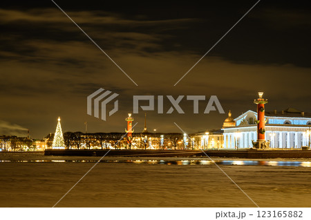 Rostral columns on Christmas on January Columns is located on the Spit of Vasilievsky Island Rostral columns on Christmas on January Columns is located on the Spit of Vasilievsky Island 123165882
