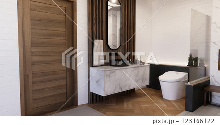 Two tone black and white Mockup scene bathroom with shower and Toilet and decoration on modern toilet room japanese style .3D rendering Two tone black and white Mockup scene bathroom with shower and Toilet and decoration on modern toilet room japanese style .3D rendering 123166122