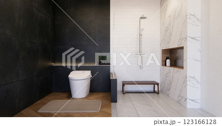 Two tone black and white Mockup scene bathroom with shower and Toilet and decoration on modern toilet room japanese style .3D rendering Two tone black and white Mockup scene bathroom with shower and Toilet and decoration on modern toilet room japanese style .3D rendering 123166128