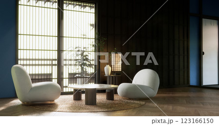 Blue dark concept with japan low table and pillow in modern living room colorful style. 123166150