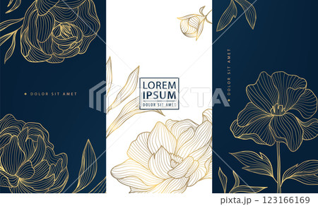 Vector set of gold line floral patterns, luxury elegant nature design, leaf modern flower backgrounds. Royal package, wine, cosmetic vip product, art deco elements. 123166169