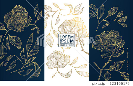 Vector set of gold line floral patterns, luxury elegant nature design, leaf modern flower backgrounds. Royal package, wine, cosmetic vip product, art deco elements. 123166173