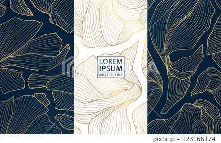 Vector set of gold line floral patterns, luxury elegant nature design, leaf modern flower backgrounds. Royal package, wine, cosmetic vip product, art deco elements. 123166174