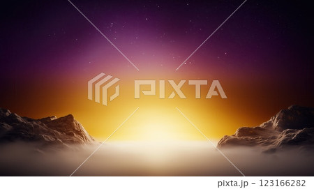 Surreal landscape with neon colors. Clouds on the bottom, Mountain left and right, light on the horizon and purple sky 123166282