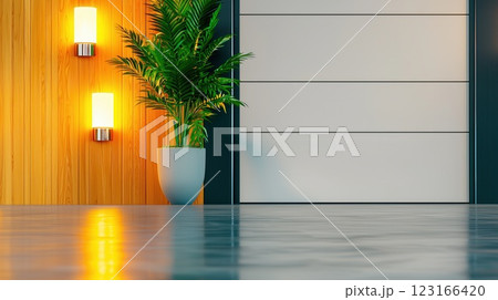 Modern futuristic door of a garage, nice fancy architecture, flowers on the front, vibrant lighting Modern futuristic door of a garage, nice fancy architecture, flowers on the front, vibrant lighting 123166420