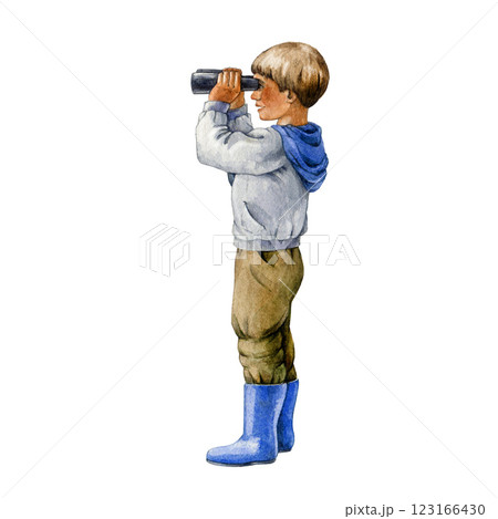 Hand drawn boy watching binoculars watercolor illustration. Young person looking in to the distance through glass. Single child boy in blue boots exploring outdoor nature isolated on white background 123166430