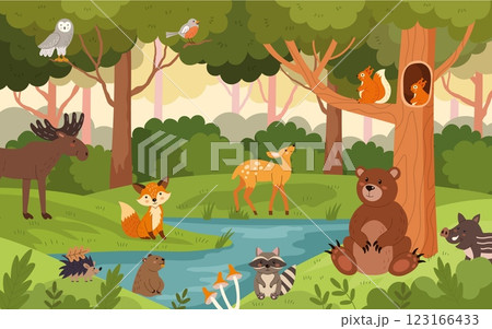 Animal forest cartoon. Cute woodland illustration. Deer, bear, cute fox and squirrel. Child background of nature with trees and river. Childish poster and banner for nursery, vector kids landscape 123166433