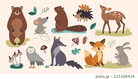Animal forest. Mouse, fox and wolf, cute bear, deer, adorable owl and rabbit. Autumn zoo, nature. Cute cartoon isolated illustration. Kids graphic of wildlife. Childish decorative. Vector biology 123166434