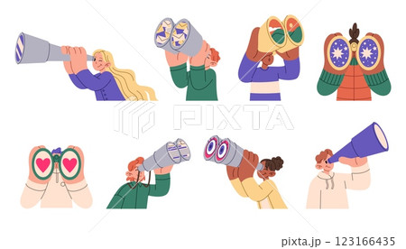 Binoculars look. Search icon. People looking in spyglasses. Heart-shape glasses. Characters see around. Hands holding eyeglasses. App love dating. Men or women with telescopes. Observation vector set Binoculars look. Search icon. People looking in spyglasses. Heart-shape glasses. Characters see around. Hands holding eyeglasses. App love dating. Men or women with telescopes. Observation vector set 123166435