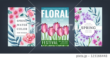 Springtime leaves poster. March spring watercolor for woman, nature flowers. Vintage style tulips composition for mother, flower petals. Realistic isolated botanical elements. Vector postcard set Springtime leaves poster. March spring watercolor for woman, nature flowers. Vintage style tulips composition for mother, flower petals. Realistic isolated botanical elements. Vector postcard set 123166448