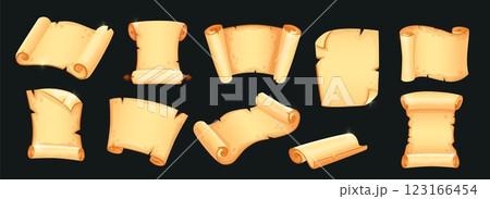 Map from parchment. Game cartoon icon, old scroll paper. Treasure in papyrus, medieval letter. Magic UI set. Antique manuscript, witch spell, flat style isolated illustration set. Vector tidy roll 123166454