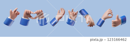 Hand 3D realistic. Icon emoji. Gesture like, finger up, rock, OK, click and point sign. Cartoon glossy render, emoticon collection. Plastic business object. Human palm. Vector isolated set exact 123166462