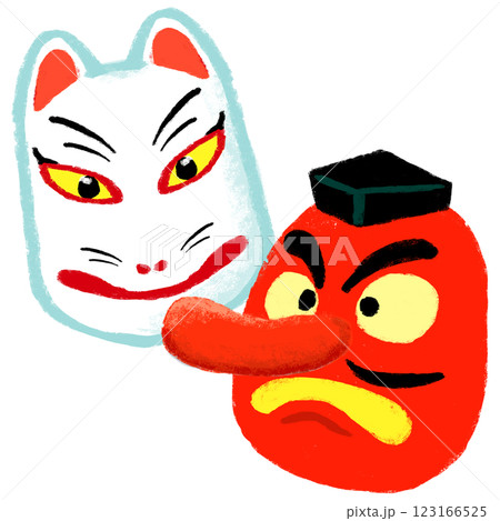 シンプルイラスト クレヨンタッチ 天狗と狐のお面 シンプルイラスト クレヨンタッチ 天狗と狐のお面 123166525