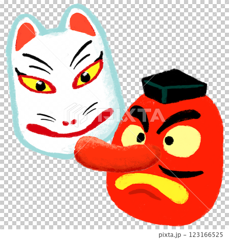 シンプルイラスト クレヨンタッチ 天狗と狐のお面 シンプルイラスト クレヨンタッチ 天狗と狐のお面 123166525