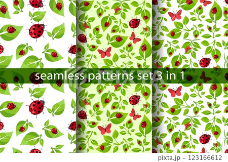 Seamless vector patterns featuring ladybugs and butterflies displayed in vibrant leaf designs 123166612