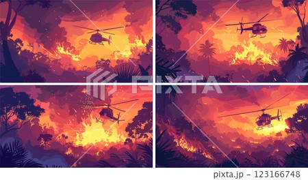 Helicopter suppressing forest fire cartoon vector scenes. Aircraft firefighters woodland smoke searing blaze flame sparks vehicle emergency evacuation operation assistance support accident concepts 123166748