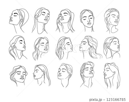 Female woman black outline portraits. Shut...のイラスト素材 [123166785] - PIXTA