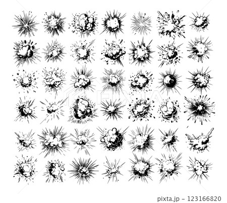 Detonation bursts explosion black ink vector collection. Explosive ant destruction smoke surge marks, shockwave outburst ammunition conflict rockets projectiles bombs dynamite isolated blasts 123166820