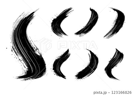 Curved paint marks black vector collection. Creative coarse smudges roughened streaks textured, brushwork raw blemishes splashes, isolated illustrations on white backdrop Curved paint marks black vector collection. Creative coarse smudges roughened streaks textured, brushwork raw blemishes splashes, isolated illustrations on white backdrop 123166826