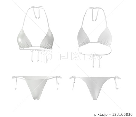 White Bikini Mockup, Minimalist Triangle Swimsuit, Front and Back Views, 3D Render White Bikini Mockup, Minimalist Triangle Swimsuit, Front and Back Views, 3D Render 123166830