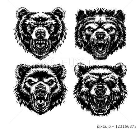 Aggressive bear avatars black ink sketch vector set. Angry grizzly fangs open jaw grinning enraged animal fur face, wild untamed ursine muzzles predator beast heads, isolated illustrations 123166875