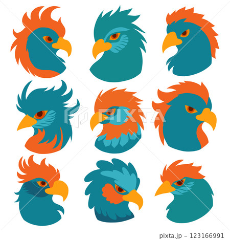 Vector collection of blue parrots silhouettes isolated from background. Set of fable macaws heads in fantasy style. Hand drawn birds 123166991