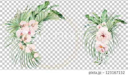 Frame and bouquet with green watercolor tropical leaves and pink orchid flowers, illustration 123167132
