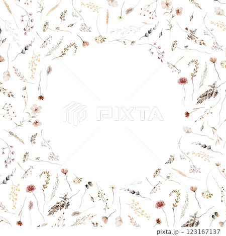 Frame with watercolor autumn wild flowers and leaves, Brown and beige wedding illustration 123167137