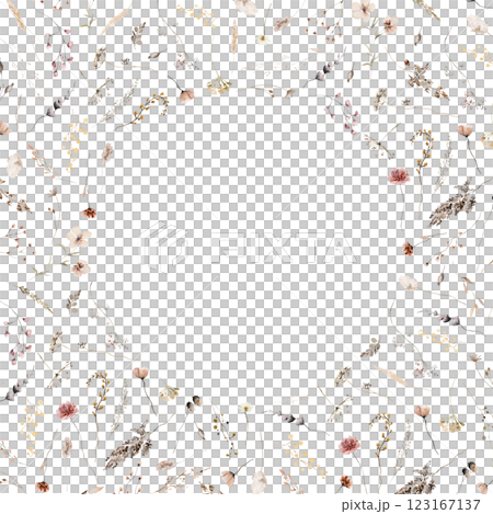 Frame with watercolor autumn wild flowers and leaves, Brown and beige wedding illustration 123167137