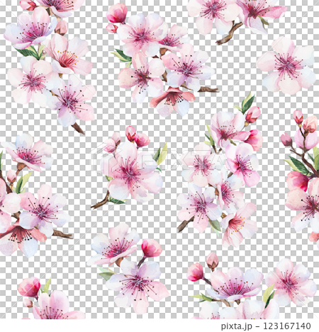 Seamless pattern with watercolor pink cherry flowers and green leaves, wedding sakura isolated illustration Seamless pattern with watercolor pink cherry flowers and green leaves, wedding sakura isolated illustration 123167140