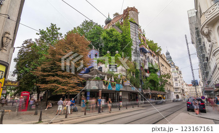 The Hundertwasserhaus apartment block timelapse hyperlapse in Vienna, Austria The Hundertwasserhaus apartment block timelapse hyperlapse in Vienna, Austria 123167161