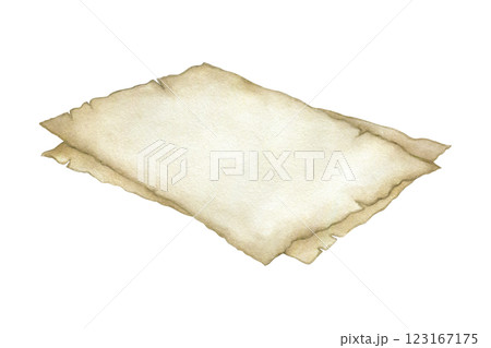 Parchment beige sheets of vintage paper with old torn edges. Hand drawn watercolor isolated illustration of papyrus. Template with copy space for text for retro design, postcards, cards, invitations. 123167175