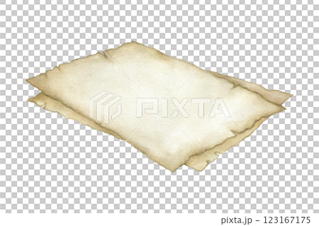 Parchment beige sheets of vintage paper with old torn edges. Hand drawn watercolor isolated illustration of papyrus. Template with copy space for text for retro design, postcards, cards, invitations. 123167175
