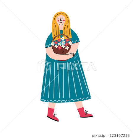 Happy Woman Carrying Flower Basket 123167238