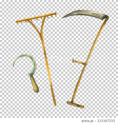 Garden tools, antique harvesting tools, metal sickle, scythe, wooden rake, all objects are hand painted with watercolor. Suitable for design, creativity, printing on fabric and paper. Garden tools, antique harvesting tools, metal sickle, scythe, wooden rake, all objects are hand painted with watercolor. Suitable for design, creativity, printing on fabric and paper. 123167255