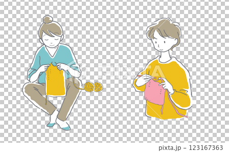 Illustration set of a person knitting with yarn Illustration set of a person knitting with yarn 123167363