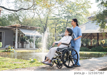 Nurse and Elderly Patient Enjoying a Peaceful Garden View from a Wheelchair on a Sunny Day 123167367