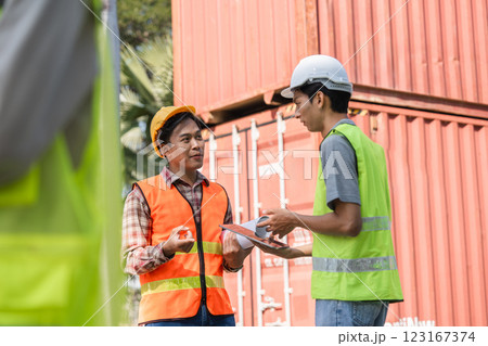 Construction professionals discussing logistics engineers engaging in project planning near shipping containers Construction professionals discussing logistics engineers engaging in project planning near shipping containers 123167374
