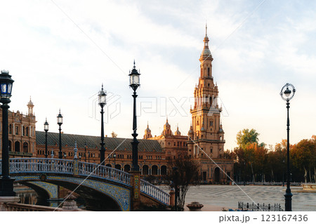 Plaza de Espana in seville at sunset: architectural beauty and historic charm. Spain Square, Plaza 123167436