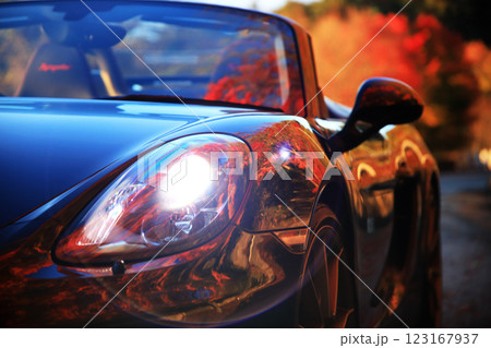 黒いオープンカーとボディに写り込む紅葉 123167937