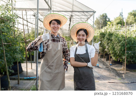 Couple Cultivating Cannabis Herb Garden Together in Greenhouse Setting with Smiling Faces and Thumbs Up Couple Cultivating Cannabis Herb Garden Together in Greenhouse Setting with Smiling Faces and Thumbs Up 123168070