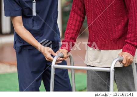Healthcare professional assisting elderly man with walker, supporting mobility and wellbeing Healthcare professional assisting elderly man with walker, supporting mobility and wellbeing 123168141