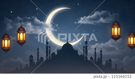 Islamic Mosque Silhouette with Glowing Crescent Moon and Hanging Lanterns 123168152