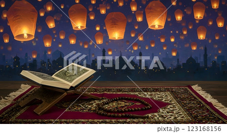 Open Holy Quran on Prayer Mat with Floating Lanterns and Mosque Silhouette Open Holy Quran on Prayer Mat with Floating Lanterns and Mosque Silhouette 123168156