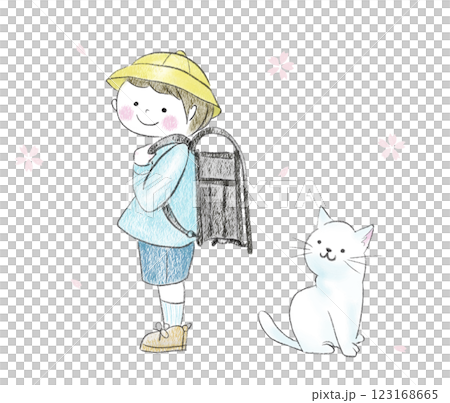 A child carrying a school bag, a cat, and cherry blossoms 123168665