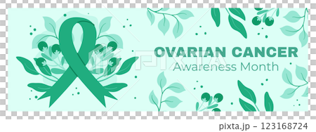 Ovarian Cancer Awareness Month Banner with Teal Ribbon, Floral Patterns, and Nature-Inspired Graphics Promoting Health and Support 123168724